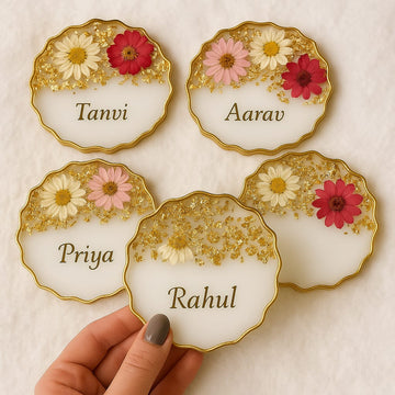 Custom Resin Name Coasters with Floral & Gold Accents – Personalized Gift Set