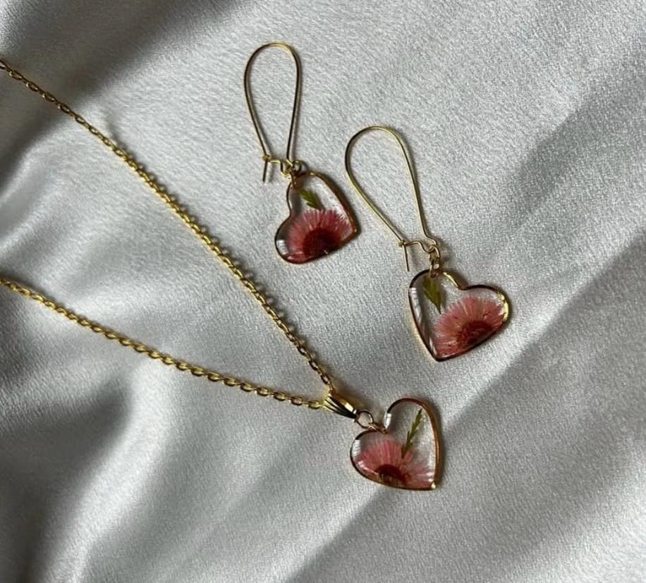 Handcrafted Resin Heart Pendant & Earrings Set – Yellow Floral Design with Gold Frame