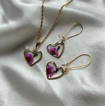 Handcrafted Resin Heart Pendant & Earrings Set – Yellow Floral Design with Gold Frame