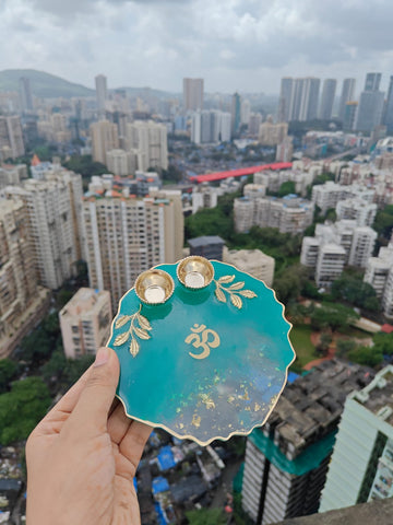 Handcrafted Resin Pooja Thali – Teal & Gold with Om Symbol