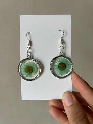 Handcrafted Resin Drop Earrings – Green & White Floral Design with Silver Hooks