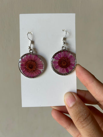 Handcrafted Resin Drop Earrings – Pink Floral Design with Silver Hooks