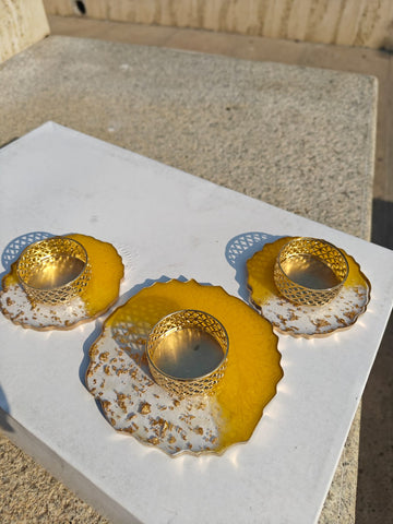 Handcrafted Resin Candle Holder Set – Yellow & Gold Gradient with Lattice Cups
