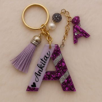 Custom Resin Initial Pendant Keychain – Glitter Letter with Name & Charms