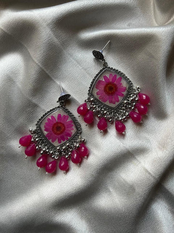 Handcrafted Resin Jhumka Earrings – Pink Floral Design with Beaded