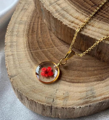 Handcrafted Resin Pendant Necklace – Red Floral Design in Gold Frame