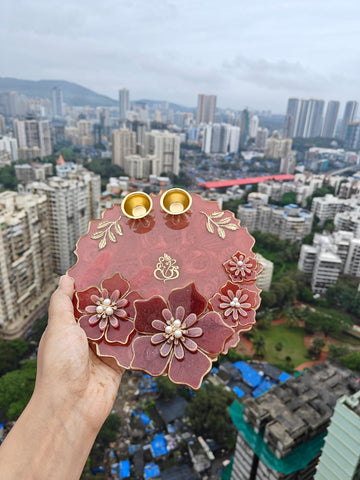 Handcrafted Resin Pooja Thali with Floral Embellishments – Maroon & Gold