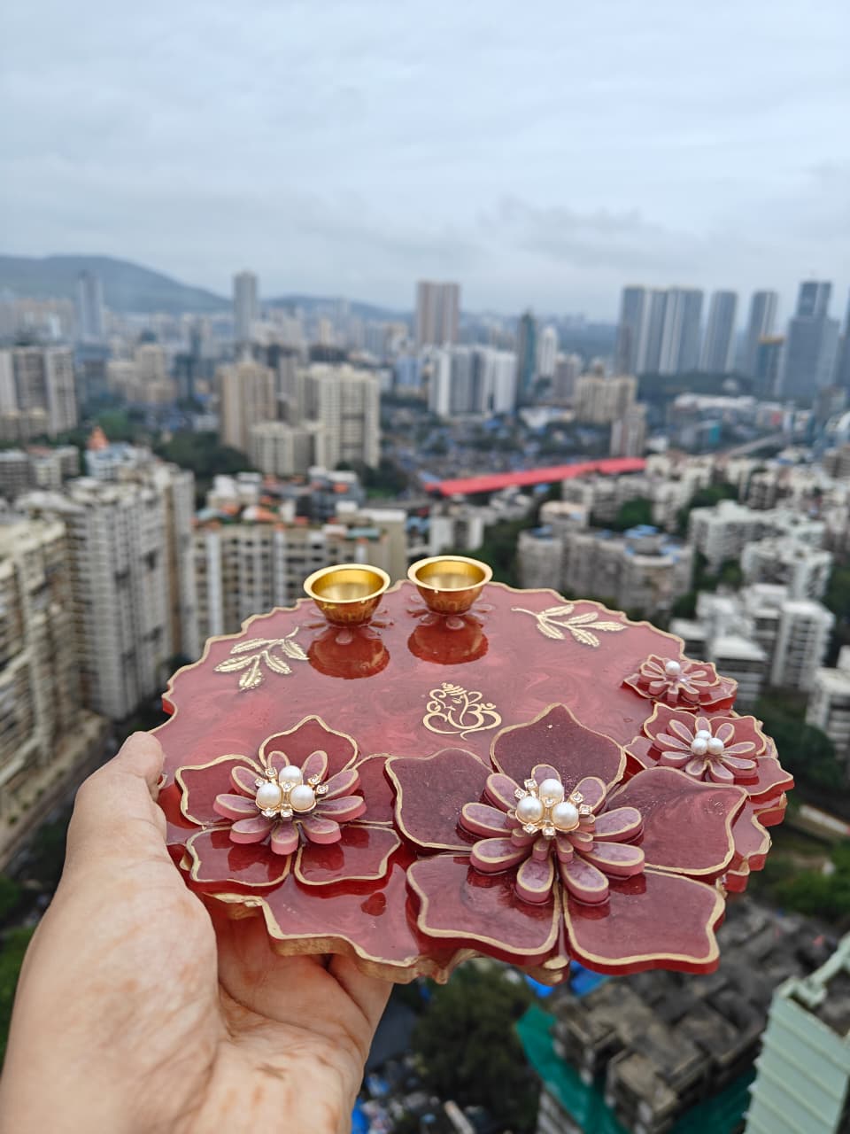 Handcrafted Resin Pooja Thali with Floral Embellishments – Maroon & Gold