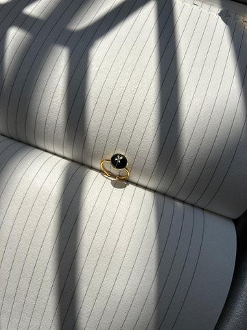 Handcrafted Resin Ring – Black Floral Design with Gold Band