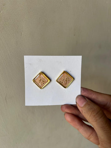 Handcrafted Resin Stud Earrings – Square Floral Design with Gold Border
