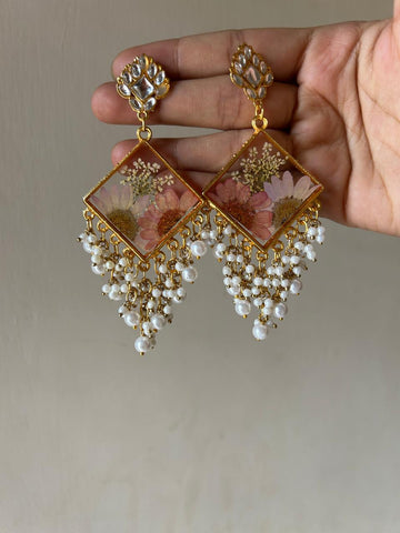 Handcrafted Resin Chandelier Earrings – Pink Floral Square Design with Pearl Drops
